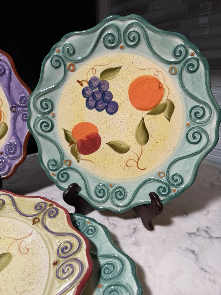 Set 4 Tabletops Unlimited Medici Hand Painted Round 11" Plates Colorful Fruit - Image 4 of 4