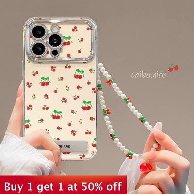 For Apple iPhone 17 Pro Max 16 15 14 13 12 11 Phone Cover Cherry Bracket Chain