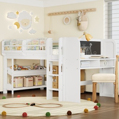 Twin Size Loft Bed w/Multi-storage Bookcases,Boxes & Drawers Wood Low Loft Bed