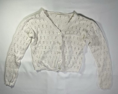 Knit Bolero Top Kids Girls Small White Long Sleeve Shrug w Hole Designs Buttons