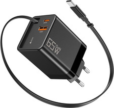 USB C Ladegerät 65W GaN Netzteil mit Einziehbares Ladekabel Schnellladegerät