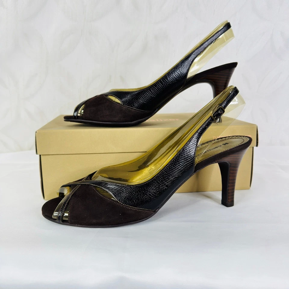 Bombas Naturalizer Entari Brown Lizard Slingback Peep Toe tamanho 10 - Imagem 3 de 4