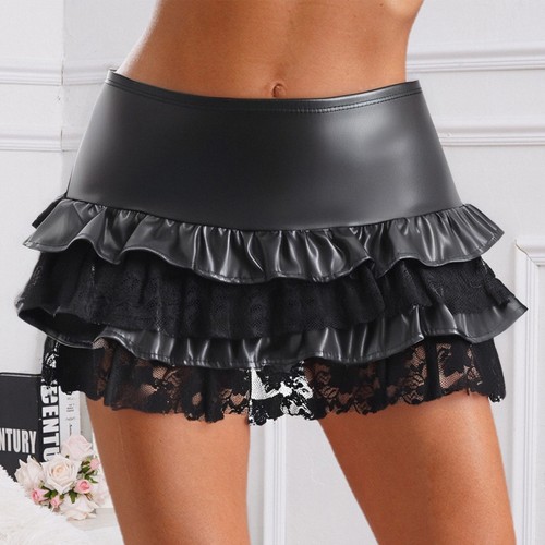 Womens Gothic Punk Skirt Tiered Ruffled Hem Floral Lace Miniskirt for Club Party - Picture 14 of 23