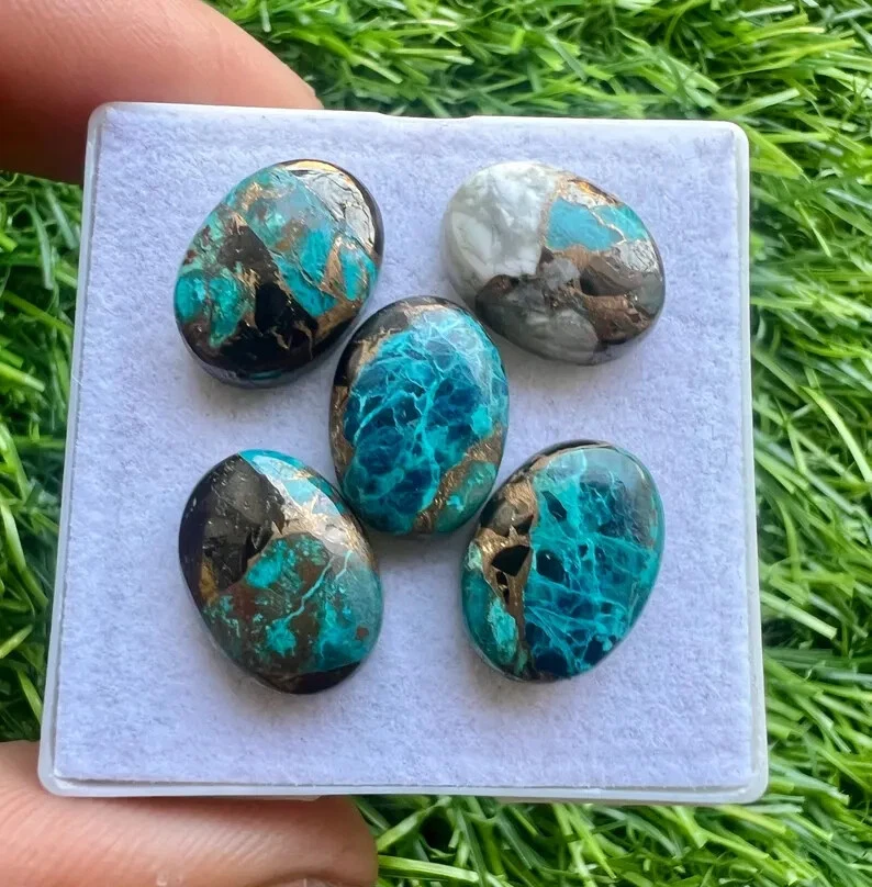 Lote de 5 piezas de cabujones ovalados de 10x14 mm color turquesa cobre búfalo blanco Foto 4 de 4