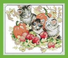 Happy Forever 11CT Stamped Cross Stitch, D378 Autumn cat, Size 13''x12''
