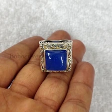 Blue Chalcedony 925 Sterling Silver Handmade Signet Mens Rings Jewelry #348