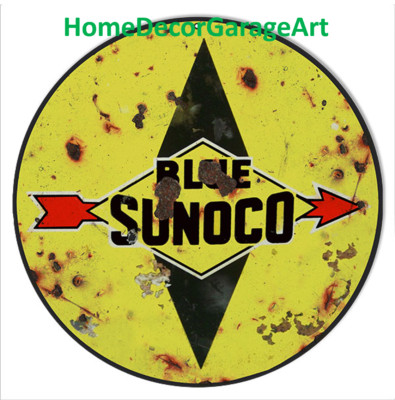 Blue Sunoco Gasoline, 22 Gauge Round Metal Sign, Vintage Style Garage Art HDGA