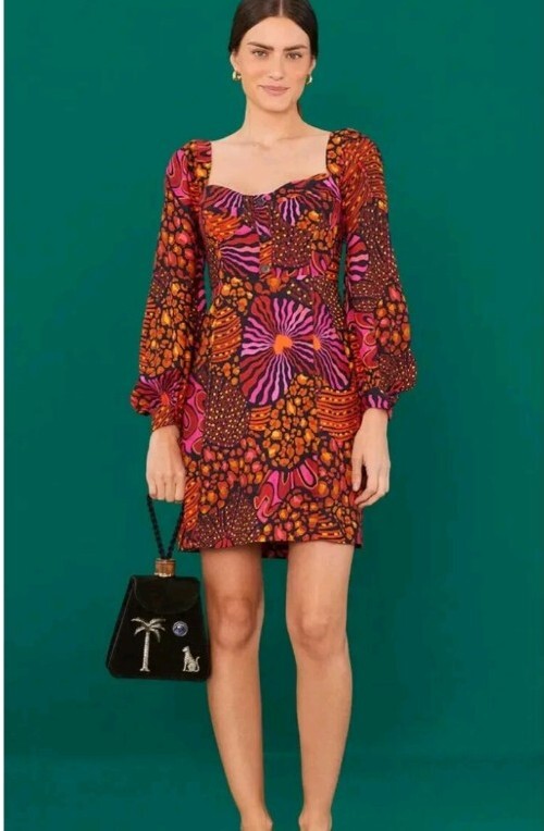 Farm Rio Leopard Hearts Long Sleeve Mini Dress Size XS Sweetheart