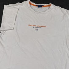 Ralph Lauren Sport T Shirt Medium Womens Off White Spell Out Graphic Made in USA
