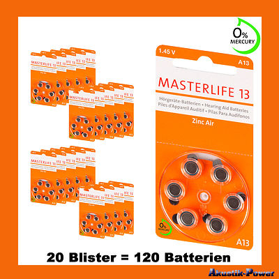 120 Stück Masterlife Hörgerätebatterie Typ 13, PR48, orange, A13, Mercury Free