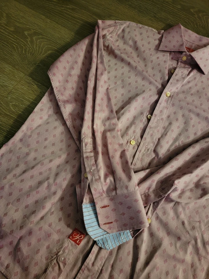 Rufus French Cuff Dress Shirt Men’s L Large Pink Geometric Made In USA Vintage - Image 2 of 4