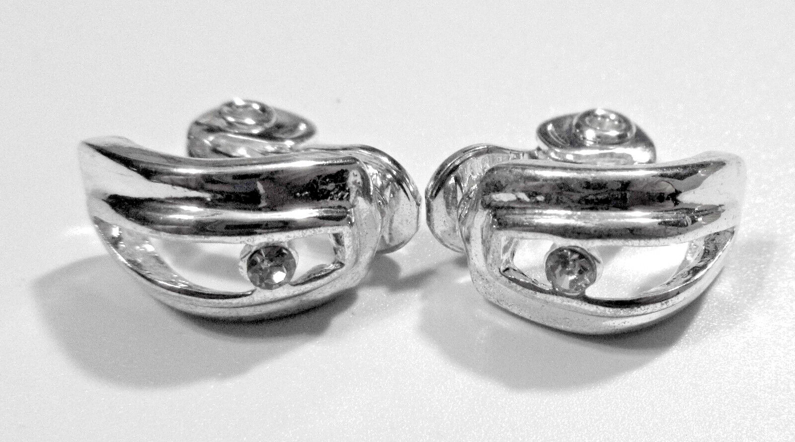 VTG SIGNED HMN Clear Rhinestone Silver  tone mtl CLIP ON Cuff Open work Earrings