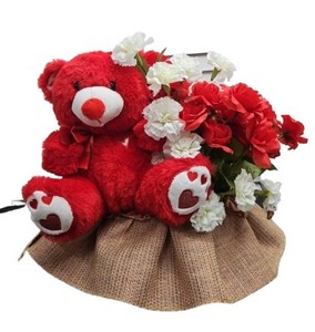 Teddy Red Bear Flowers Basket Gift. Large Size 15in x 13in. Flowers Basket Gift.