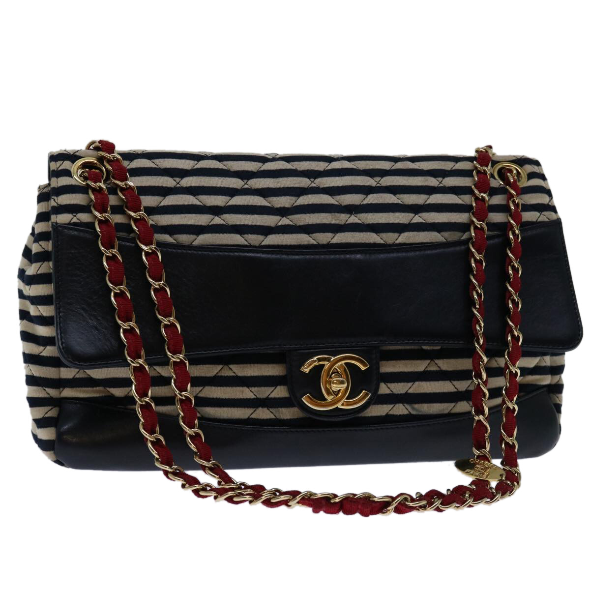 CHANEL Matelasse Chain Shoulder Bag Cotton White Navy CC Auth 