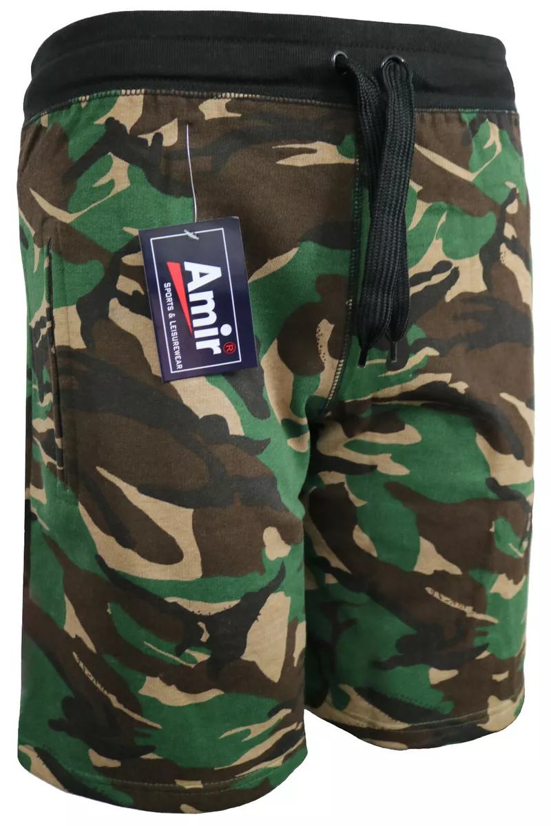 Men s Fleece Elasticated Army Camo Jogger Shorts Zip Pockets Hunting S 2XL
