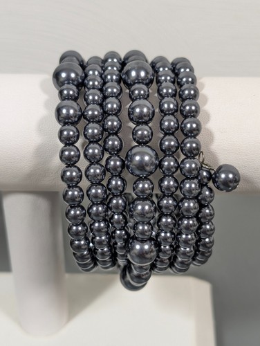 Grau Kunstperlen breit Memory Draht Wickelarmband 7,5 Zoll