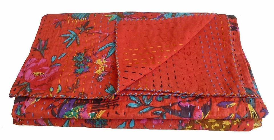 Hand Made Red Color Traditional Cotton Bad Cover Vintage Kantha Quilt Bedspread - Image 3 of 4