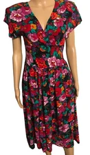 vtg 80s REO Originals Fit N Flare Day Dress Sz 10 Garden Floral Wide Waist Pckts