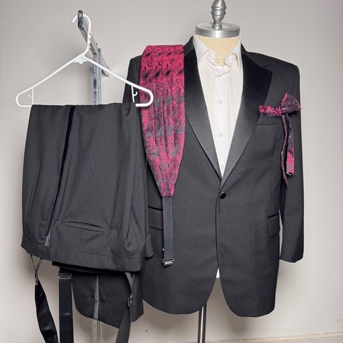 Jos. A. Bank Tuxedo Suit Mens 46R 38W Black Solid Peak Lapel Wool Formal