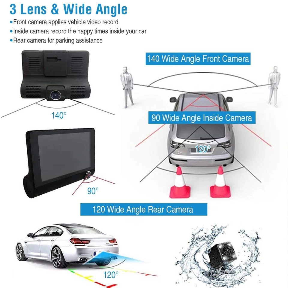 1296P Car DVR Dash Camera 4In 3 Lens Vehicle Driving Recorder Seamless Recording - Image 3 of 4