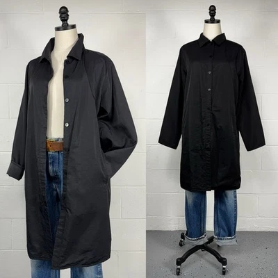 Vintage 90s Eileen Fisher Black Car Coat Italian Sateen Traditional Minimalist S