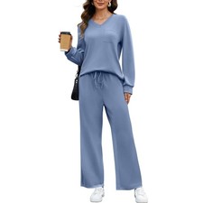 Women's 2 Piece Casual Lounge Sets Fall Travel Outfits V Neck Side Slit Track...