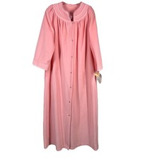 Vtg Evelyn Pearson Velour Dacron Robe Housecoat Pink Lace Snap Front USA Sz L
