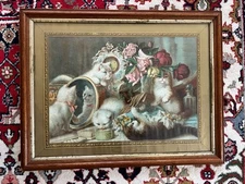 antique chromolithograph The Five Senses Victorian Cat Kittens Print Oak Frame
