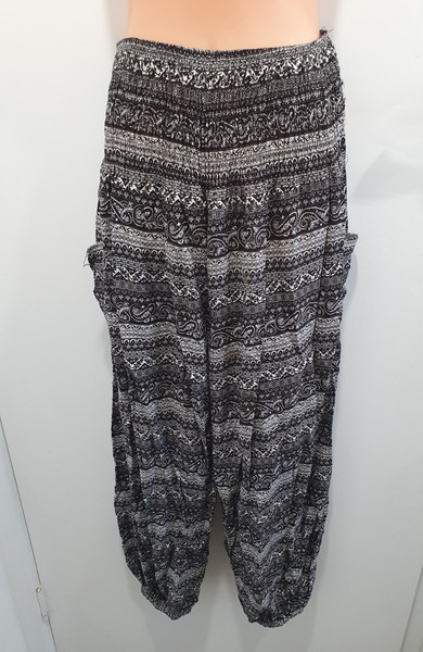 LADIES FREE SIZE BLACK WHITE ELASTIC WAIST HIPPY PANTS