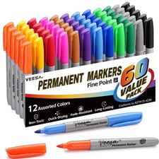 12 Colors Permanent Markers Bulk, 60 Pack, Assorted Colors Permanent Markers ...