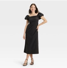 A New Day Dress Womens Medium Black Puff Short Sleeve MIDI