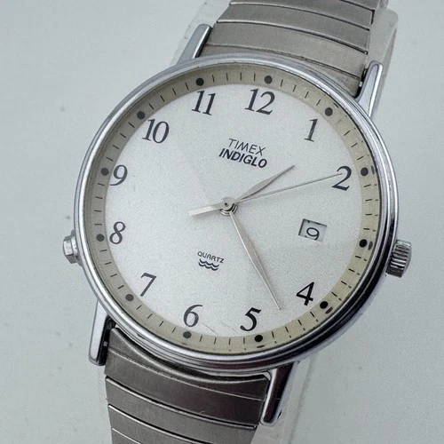 Vintage Timex Indiglo Quartz Watch Men Silver Stretch Date Analog New Battery