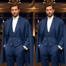 British Blue Men's Suit with Cape Formal Wedding Evening Party Prom Three Pieces