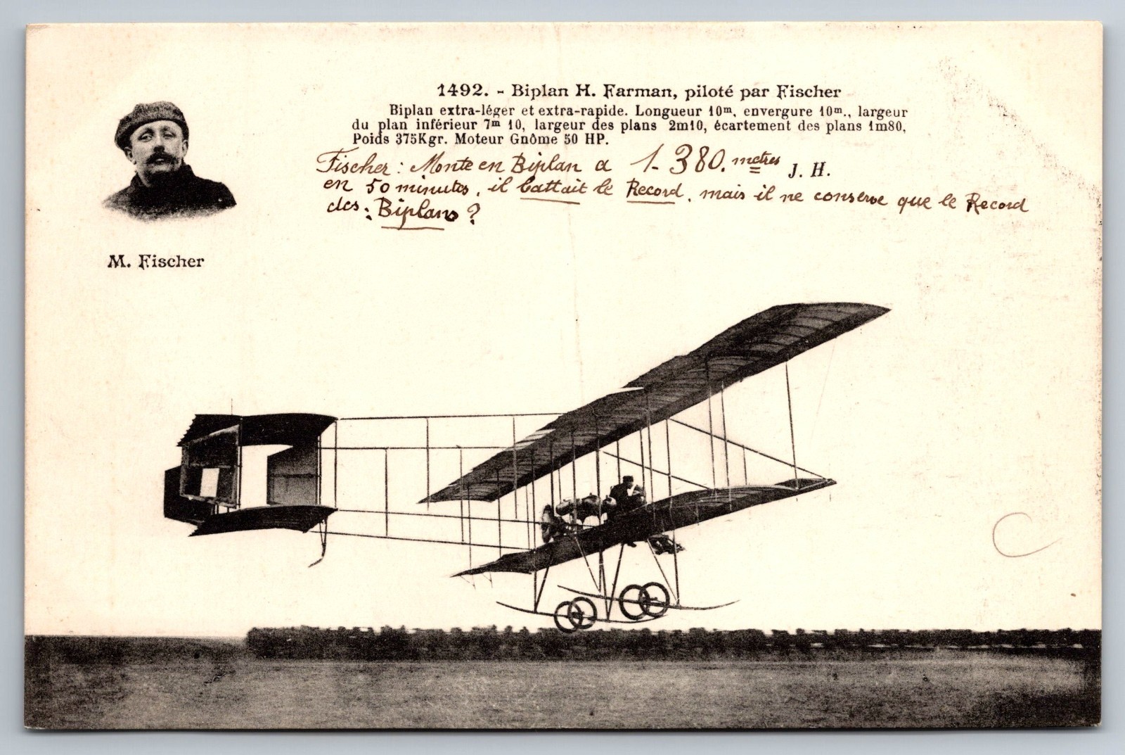 Postcard Airplane/Aeroplane/Biplane Farman M. Fischer Pilot