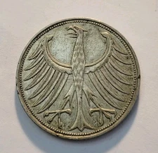 1951 G Germany - Federal Republic 5 Deutsche Mark  Silver Coin