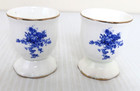 Egg Cups x 2 Blue White Ceramic Floral Gold Trim Delft Ware Look