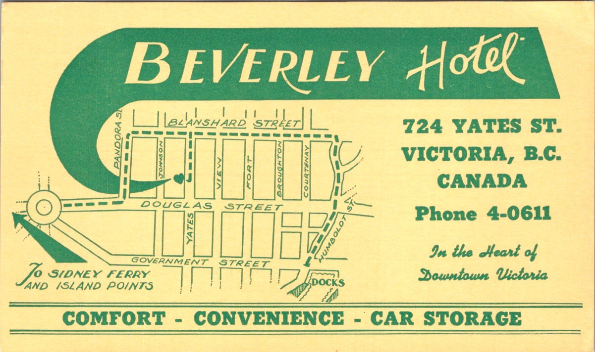1930S Beverley Hotel Rate Card &Amp; Map - Victoria Bc Canada Tourism