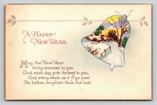 Vintage Embossed New Year Postcard Winter Scene Bell Made in USA 1910s Unposted