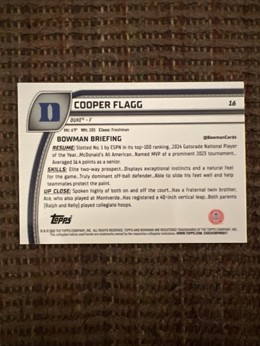2024- 2025 Bowman Chrome U Cooper Flagg 1st Bowman #16 Duke - Picture 2 of 2