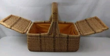 Wicker Picnic Basket Dual Hinged Lid With Yellow Corduroy Lining 