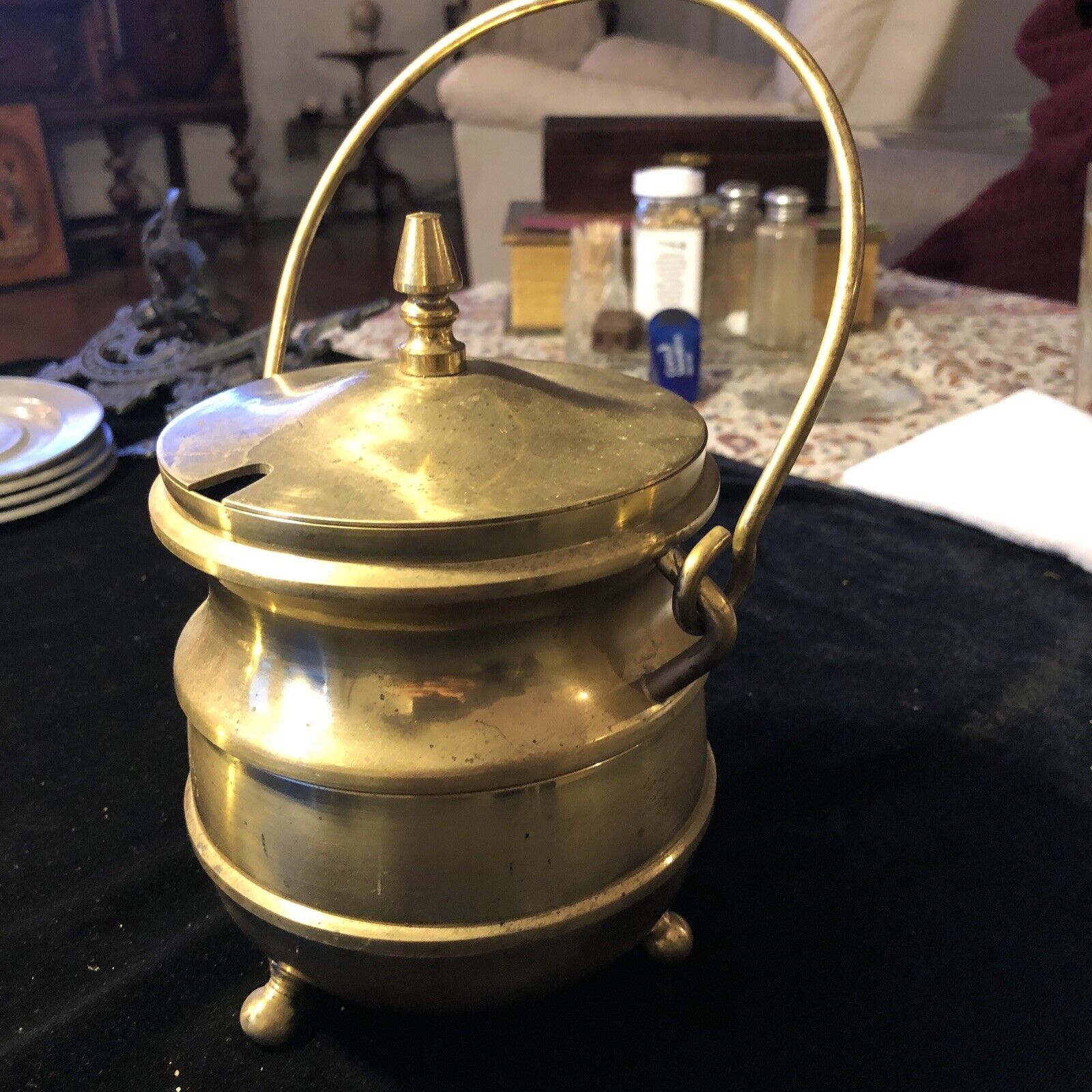 Vintage Solid Brass 3pc Footed Cauldron Fireplace Hearth Smudge Pot W/ Lid 7”