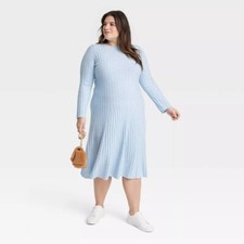 Women's Long Sleeve Midi Ribbed Sweater Dress - A New Day Blue 2X