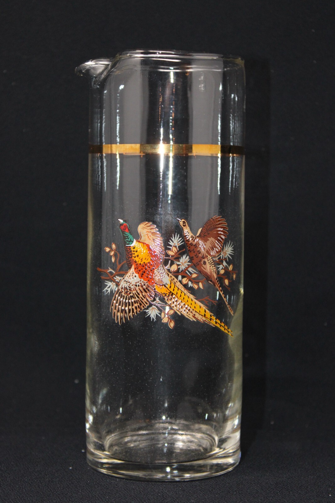 VINTAGE Tall Glass Cocktail Martini Pitcher Pheasants, Gold Band 7 3/4" Tall EUC