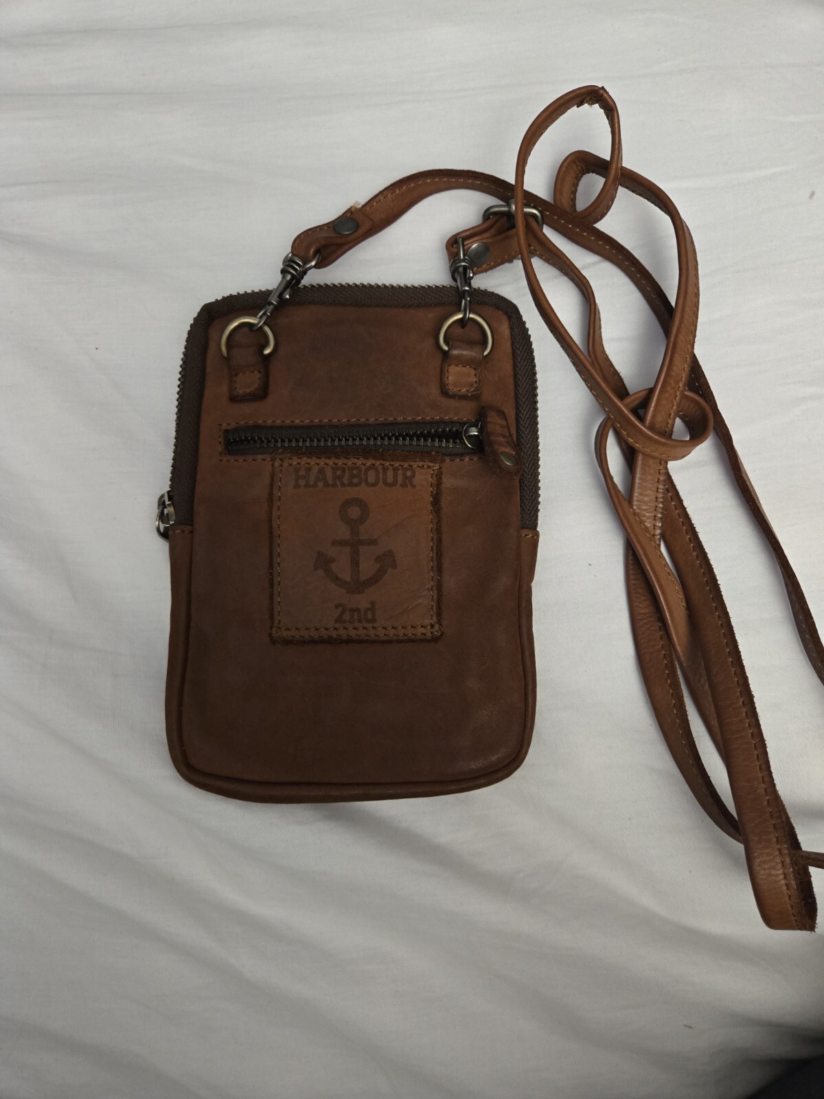 HARBOUR 2ND Distressed Genuine Leather Cell Phone Crossbody Bag Cognac
