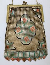 1920's Antique Flapper Purse Whiting Davis Enamel Painted Mesh Evening Handbag