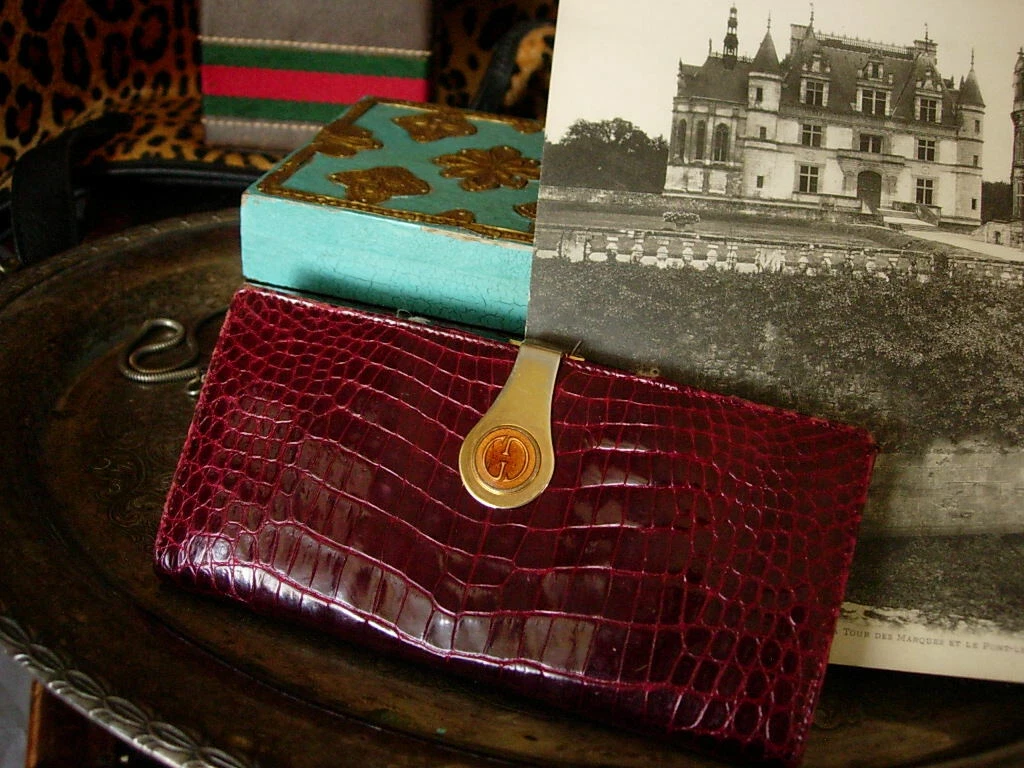 RARE Vintage GUCCI Crocodile Alligator Long Wallet Checkbook Cover  Accessory GG