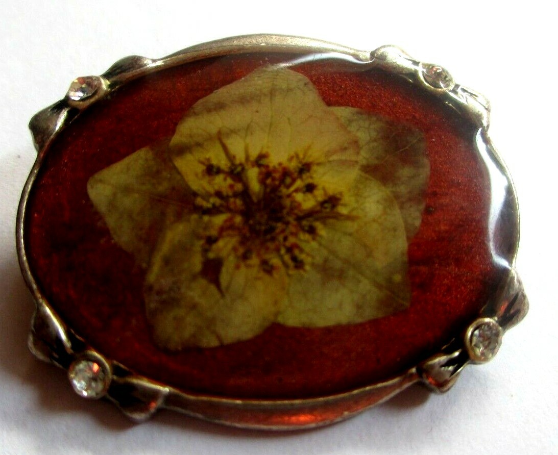Broche Ancienne En Argent Avec Camée Fleurs Séchées Sous Résine - Vintage Parfait état