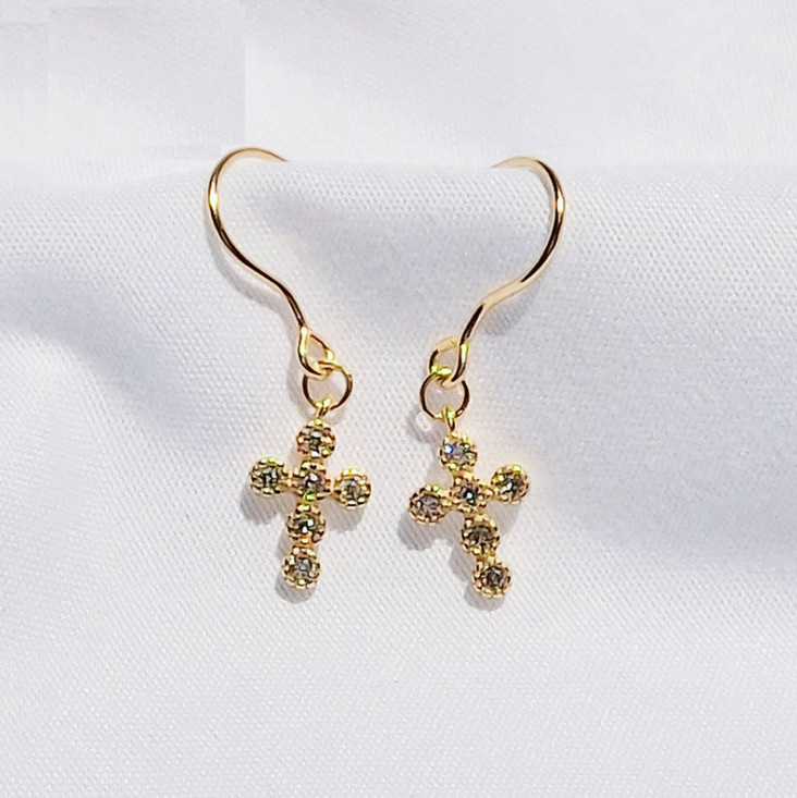 925 Sterling Silver 14K Yellow Gold-Tone Clear CZ Cross Drop Dangle Earrings D31