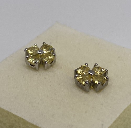 Silver Tone Yellow Clover Rhinestone Stud Earrings - Picture 2 of 4