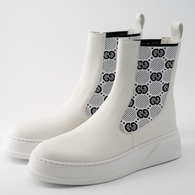 size 41G - Gucci GG Supreme Panelled Jersey Leather Boots White Black